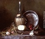 Wine Canvas Paintings - Still Life with Wine Flask, Eggs and Cheese